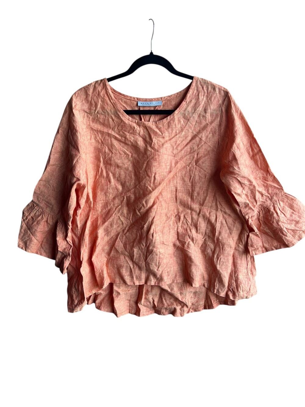 Bryn Walker Fran Orange 100% Linen Lagenlook 3/4 Ruffle Sleeve Top S Lightweight